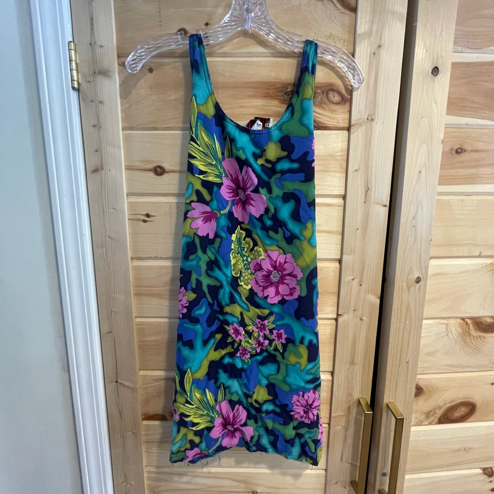 Vintage Women's Looking Good Blue Pink Floral Rayon Tank Dress M